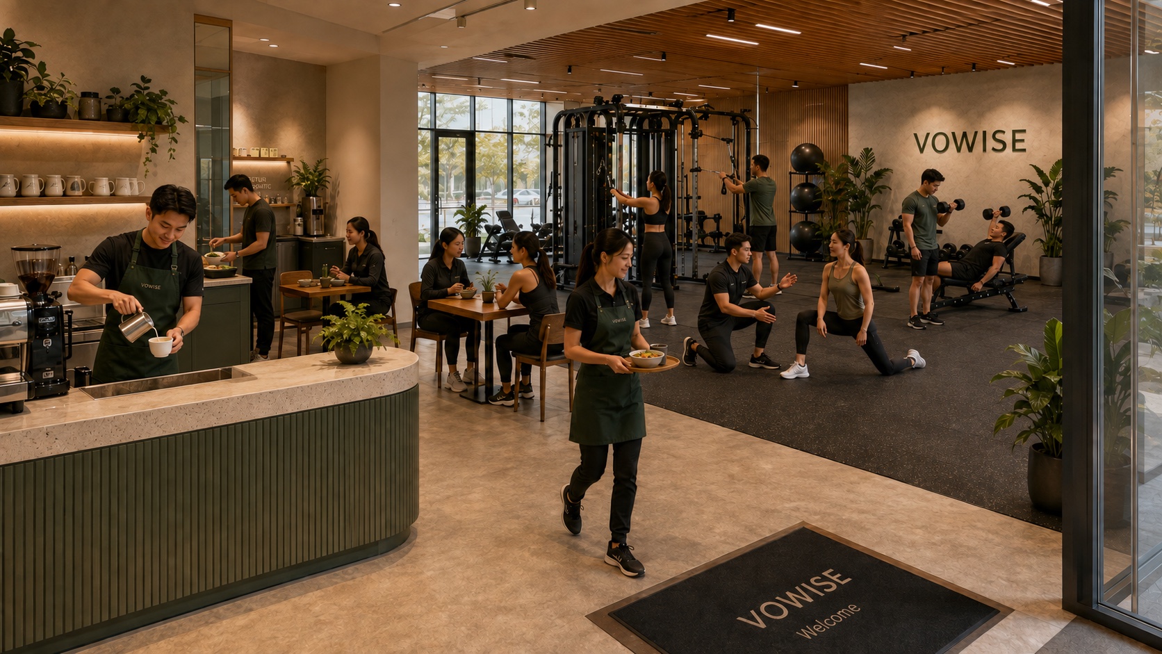 Warm oak and forest-green Vowise interior with compact dining tables beside the training floor